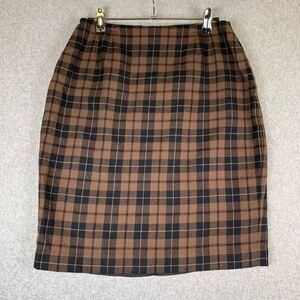 Linda Allard Vintage Ellen Tracy Women’s Size 10 Wool Plaid Pencil Skirt Brown